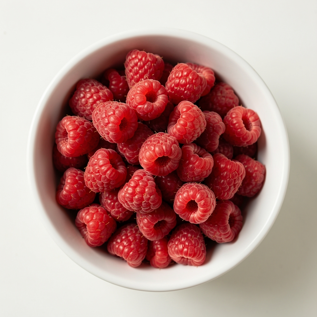 Frische Heidelbeeren und Himbeeren in einer weißen Schüssel, Draufsicht, heller Untergrund, natürliches Morgenlicht